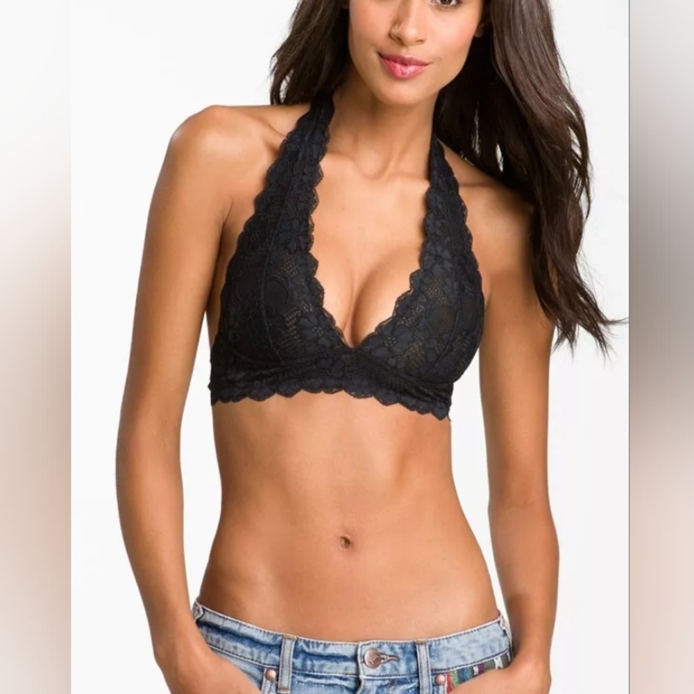 Free People Intimately Galloon Lace Halter Bra Black Pinnacle